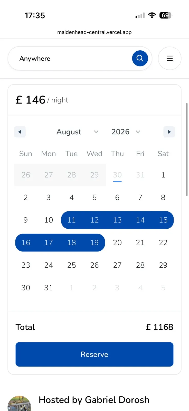Maidenhead Central mobile booking calendar with selected dates and pricing