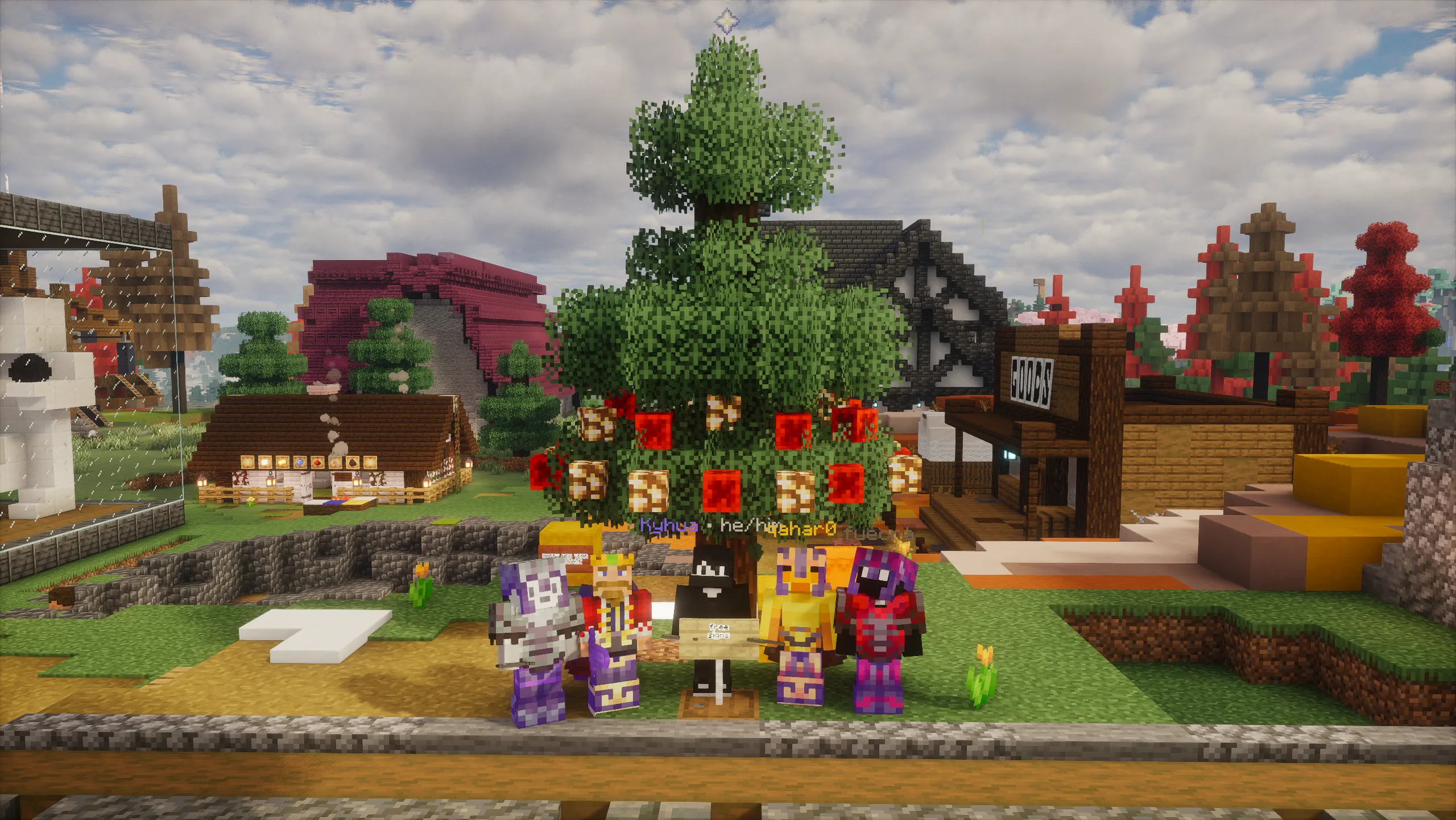 Players gathered in a festive area on the Niko's Nook Minecraft server