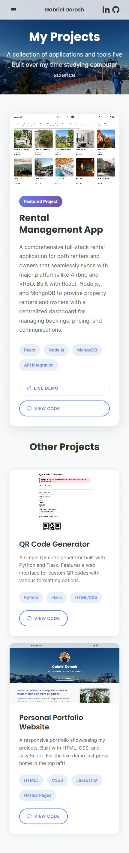 Full-page mobile capture of Gabriel Dorosh's original projects page