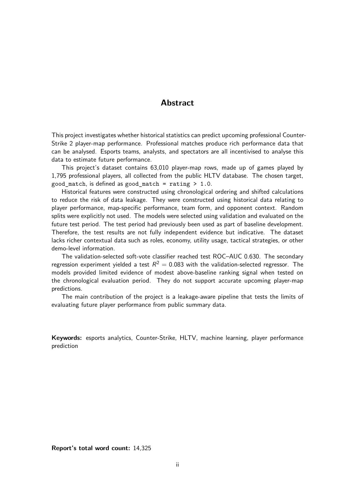 Abstract page from Gabriel Dorosh's degree project report