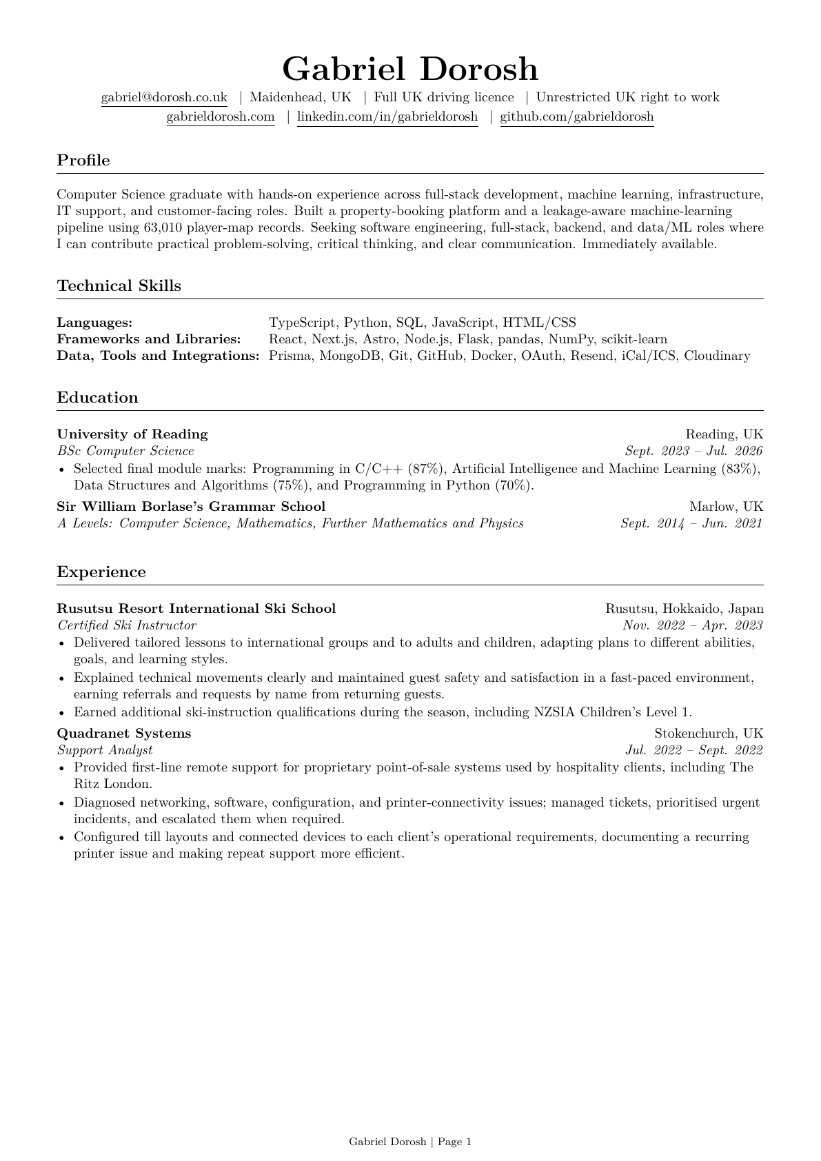 Gabriel Dorosh CV, page 1 of 2