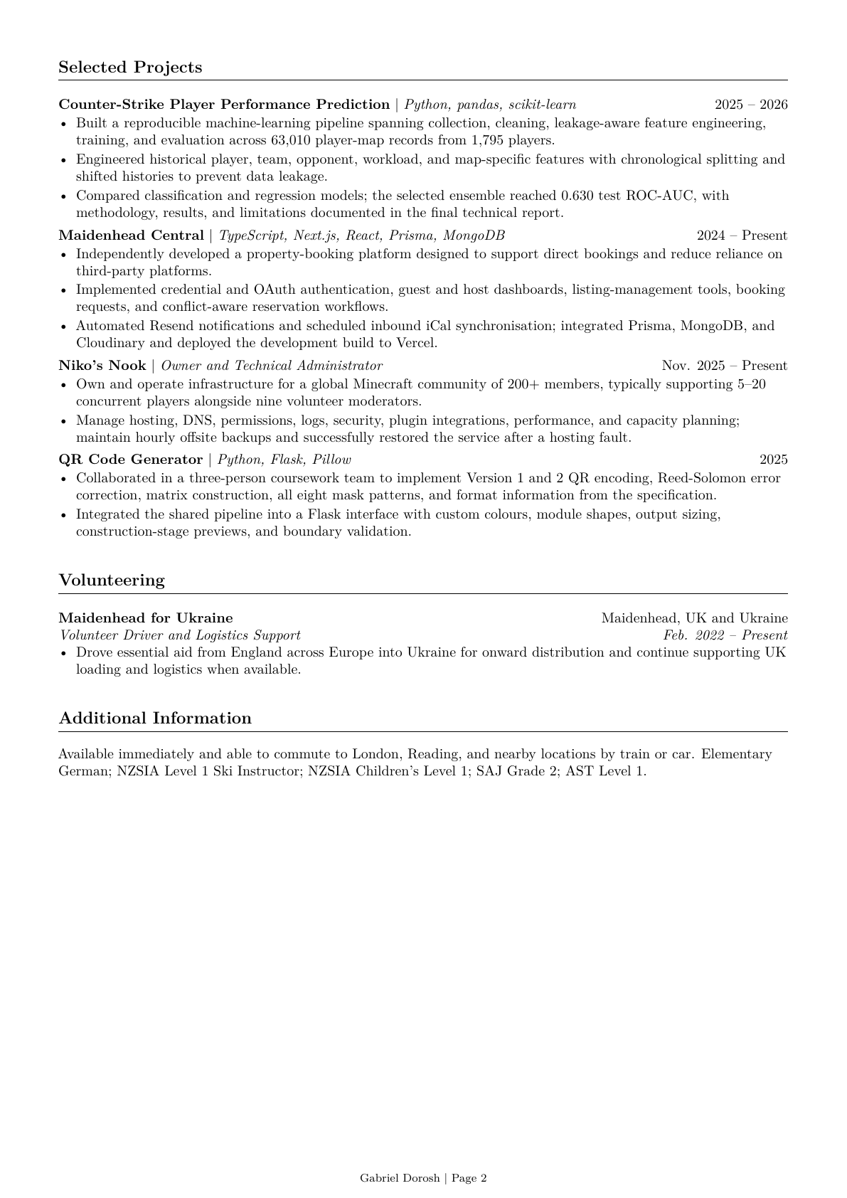 Gabriel Dorosh CV, page 2 of 2